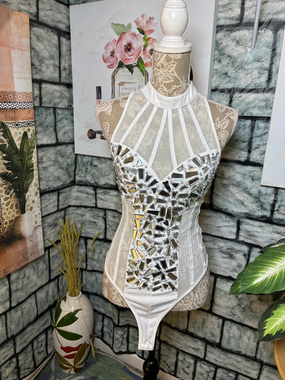WOW White Rhinestone Bodysuit Top Women sz Small