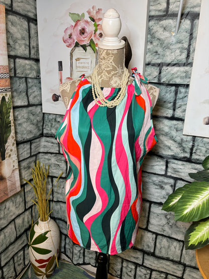 Shein Pink Green Colorful Blouse Women sz Large