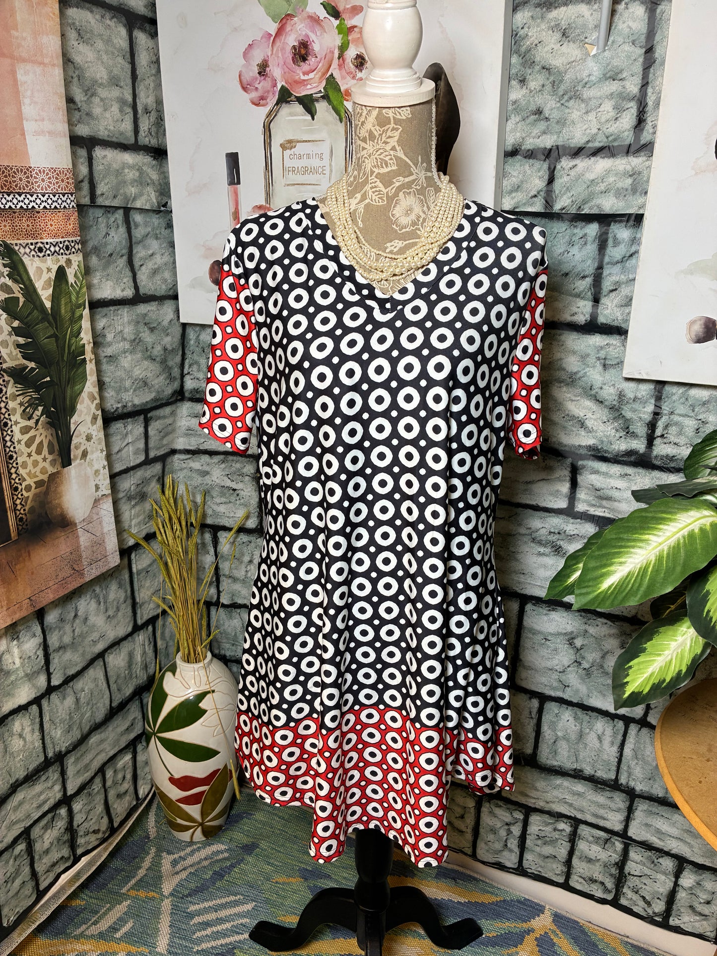 Lily Black Red Print Shirt Dress Women sz XL