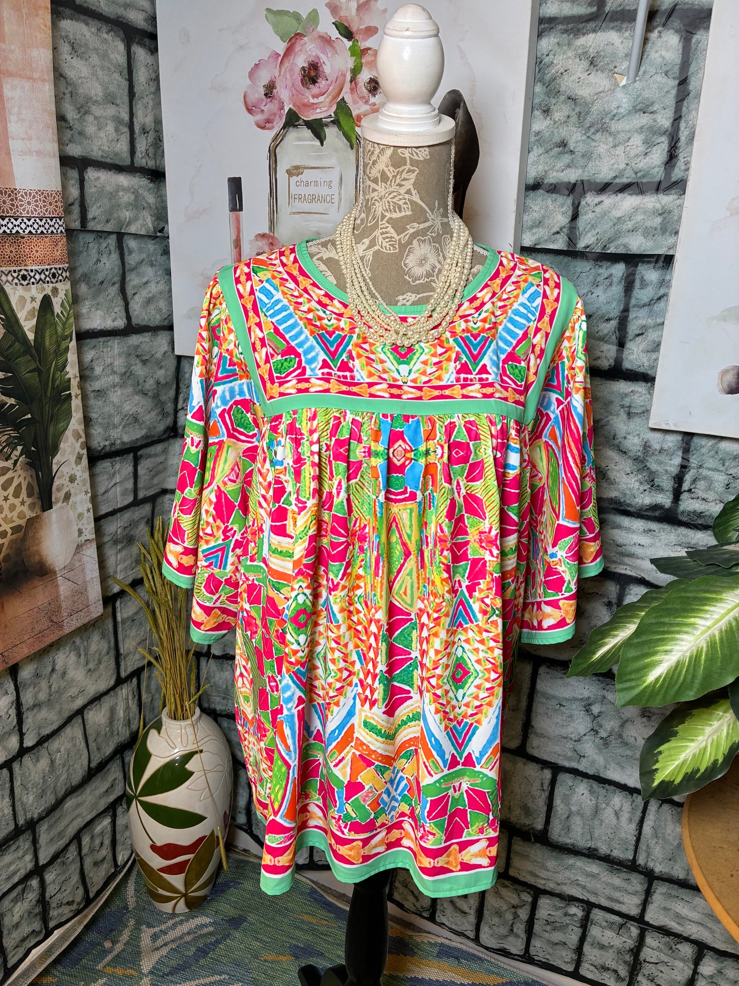 Pink Green Colorful Blouse Women sz 2XL