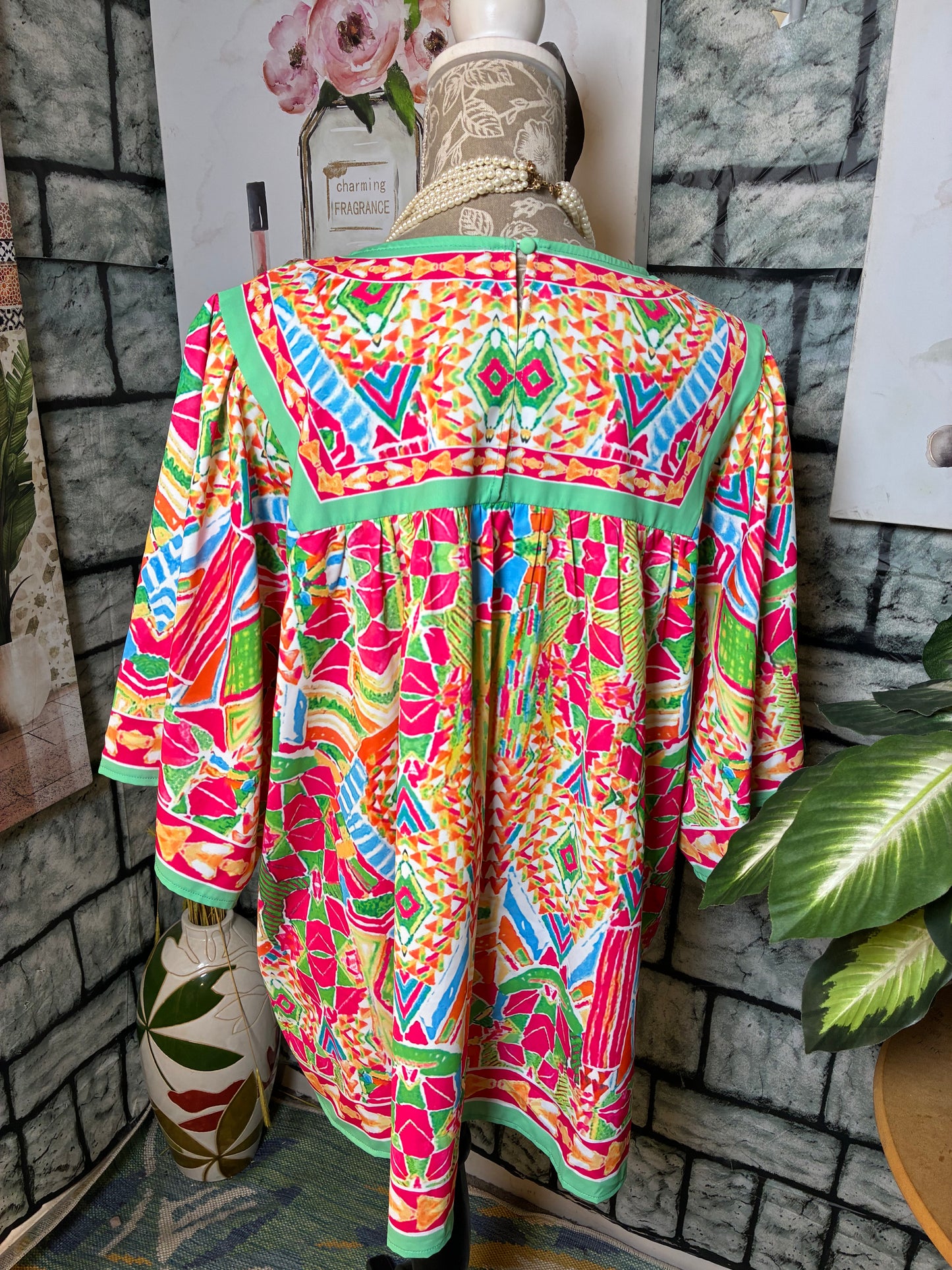 Pink Green Colorful Blouse Women sz 2XL
