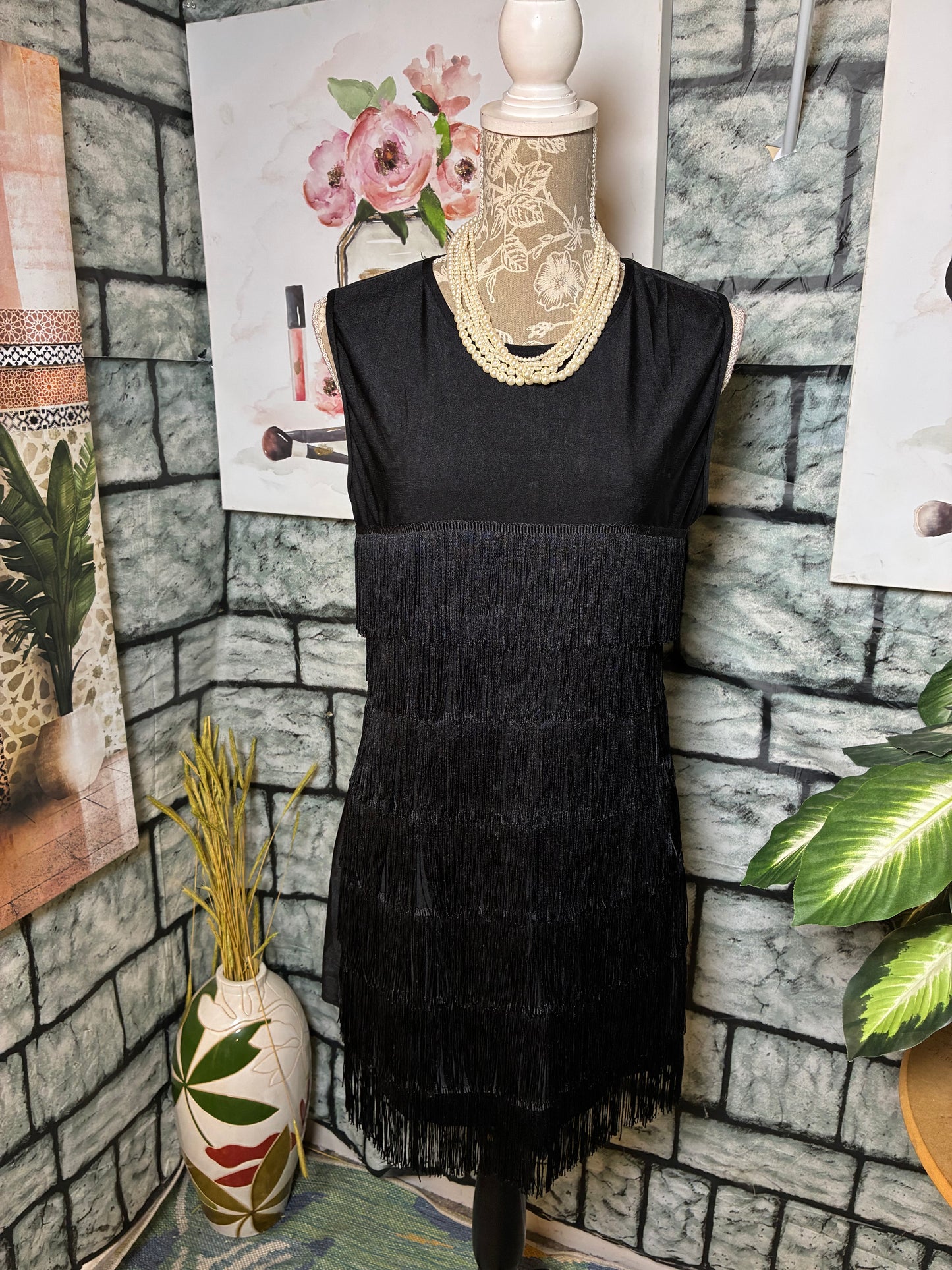 Black Fringe Dress Women sz Large