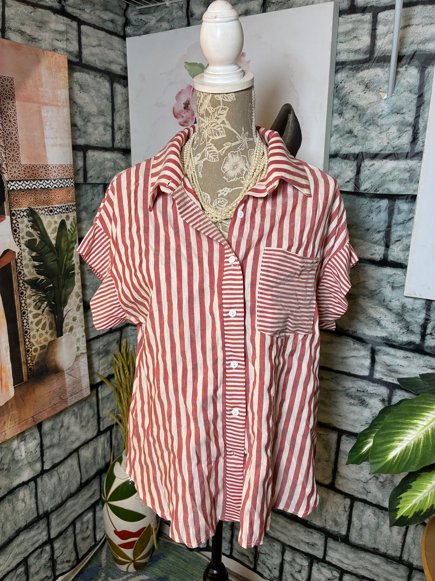 Shein Red Beige Button Blouse Women sz 0XL