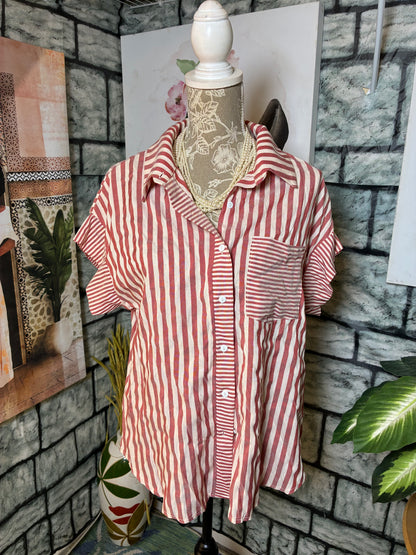 Shein Red Beige Button Blouse Women sz 0XL