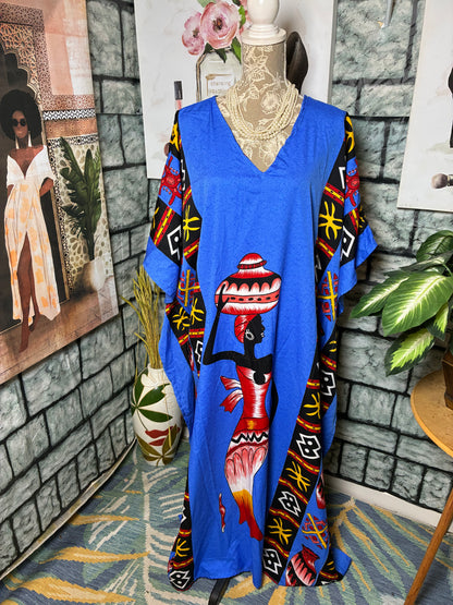 Lapogee Blue Red Print Dress Women sz One Size (Best fits up to 2XL )