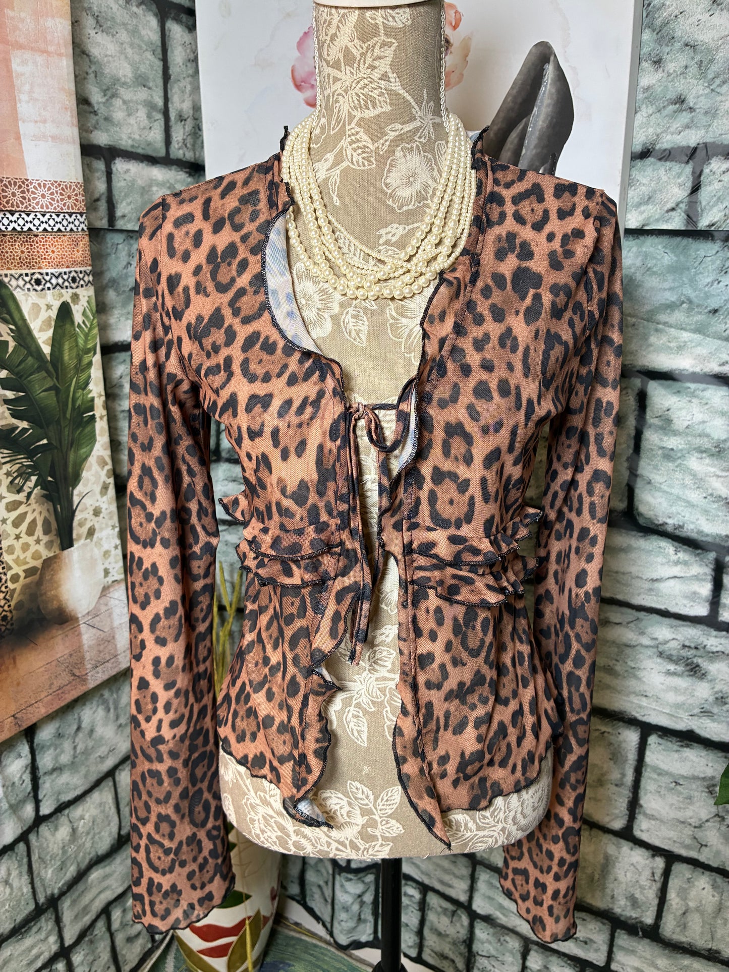 Brown Black Print Blouse Women sz Large