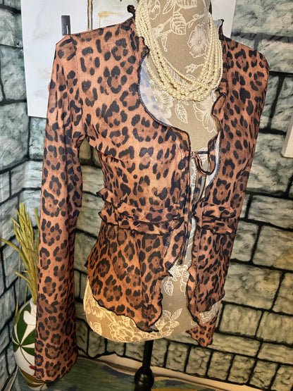 Brown Black Print Blouse Women sz Large