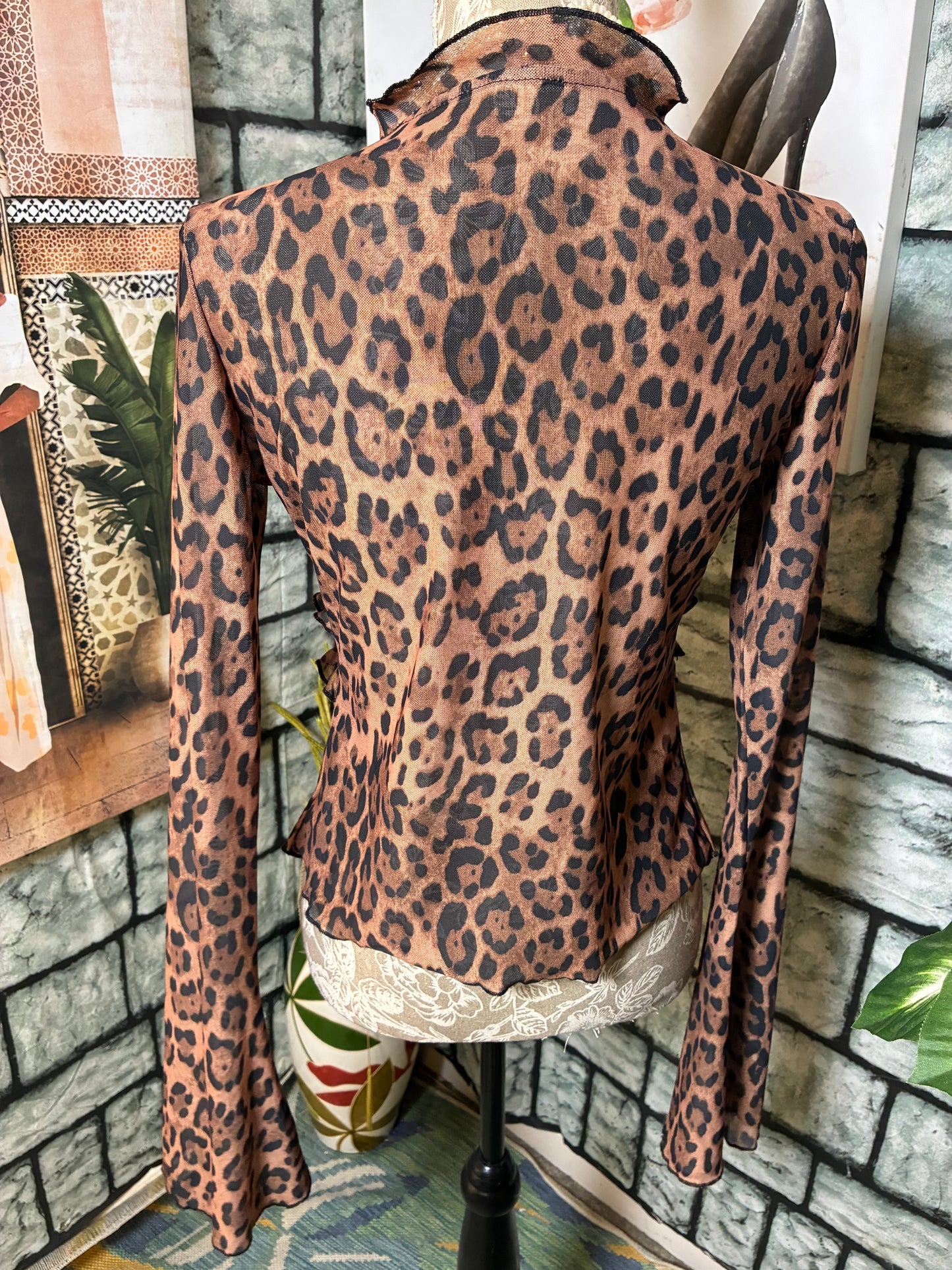 Brown Black Print Blouse Women sz Large