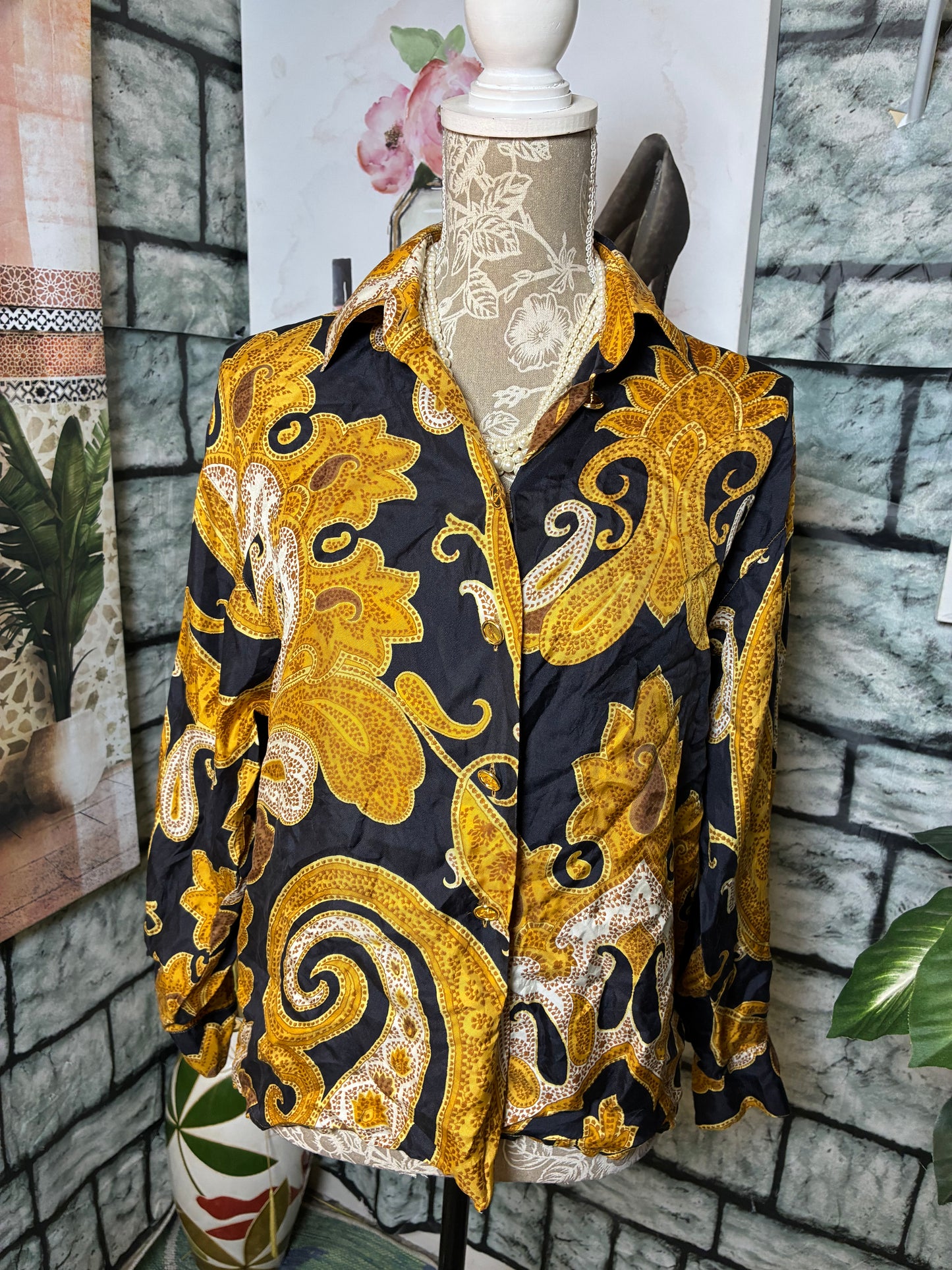 Genny Black Yellow Button Blouse Women sz 4