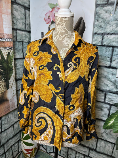 Genny Black Yellow Button Blouse Women sz 4