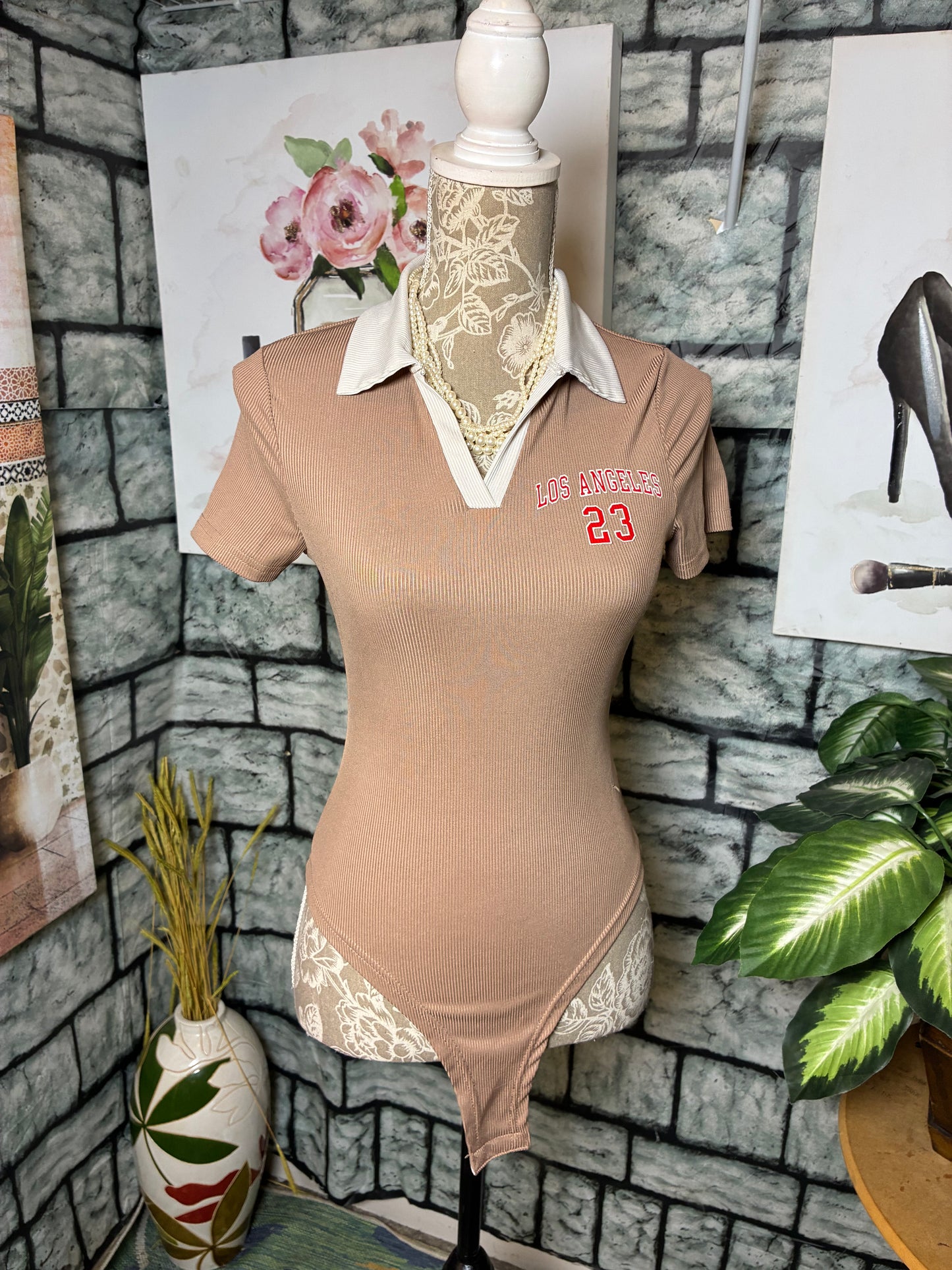 Shein Tan Bodysuit Top Women sz Small
