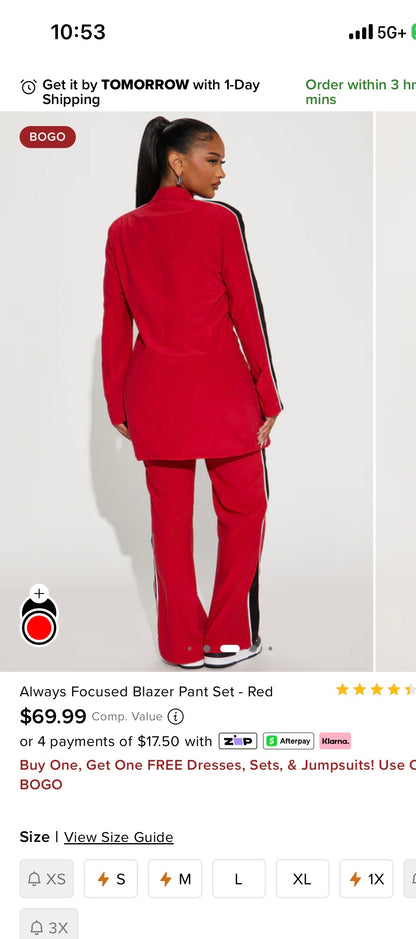 Fashion Nova Red 2 Piece Pants Suit Women sz Large