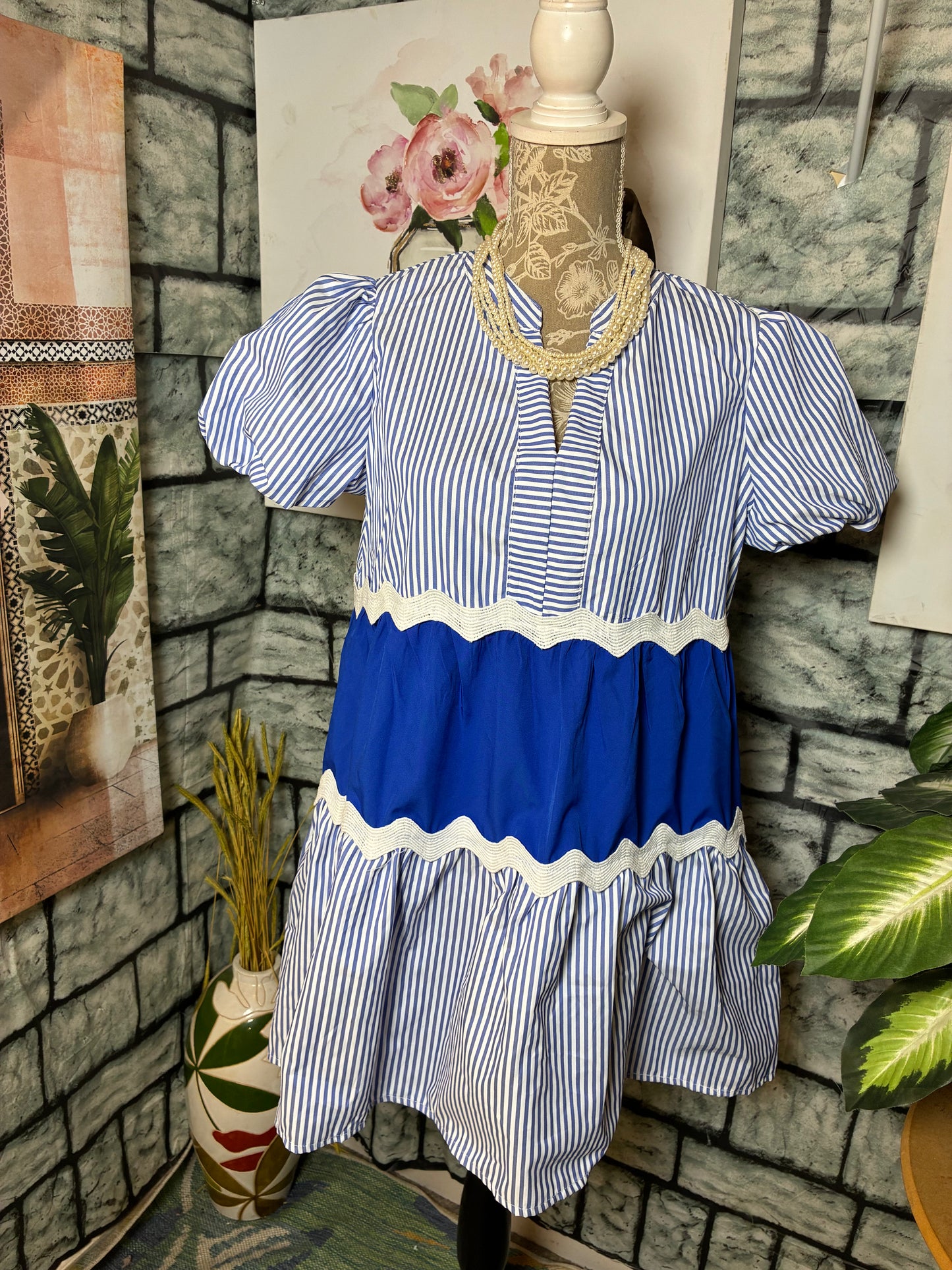 Shein Blue White Print Dress Women sz Large