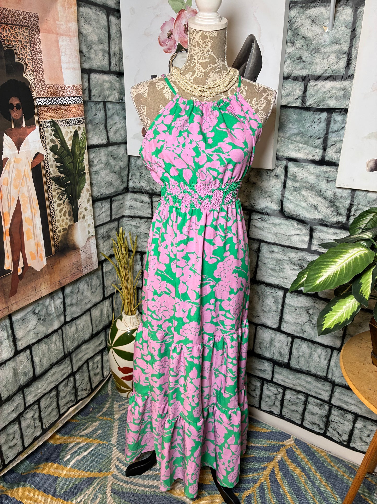 Shein Pink Green Floral Dress Women sz XS