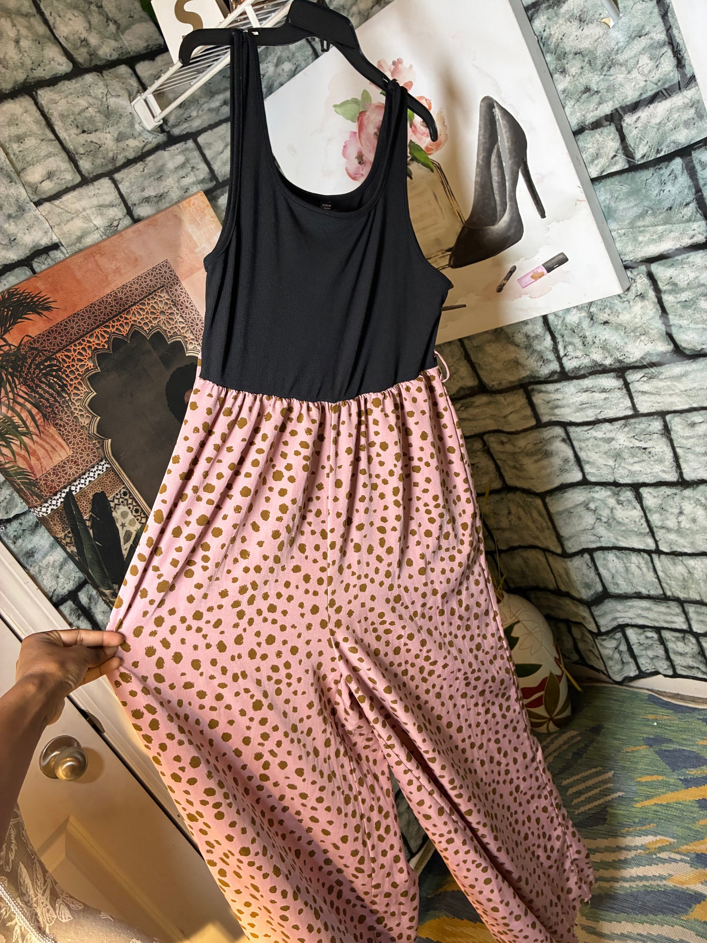 Shein Black Pink Brown Print Jumpsuit Women sz 1XL