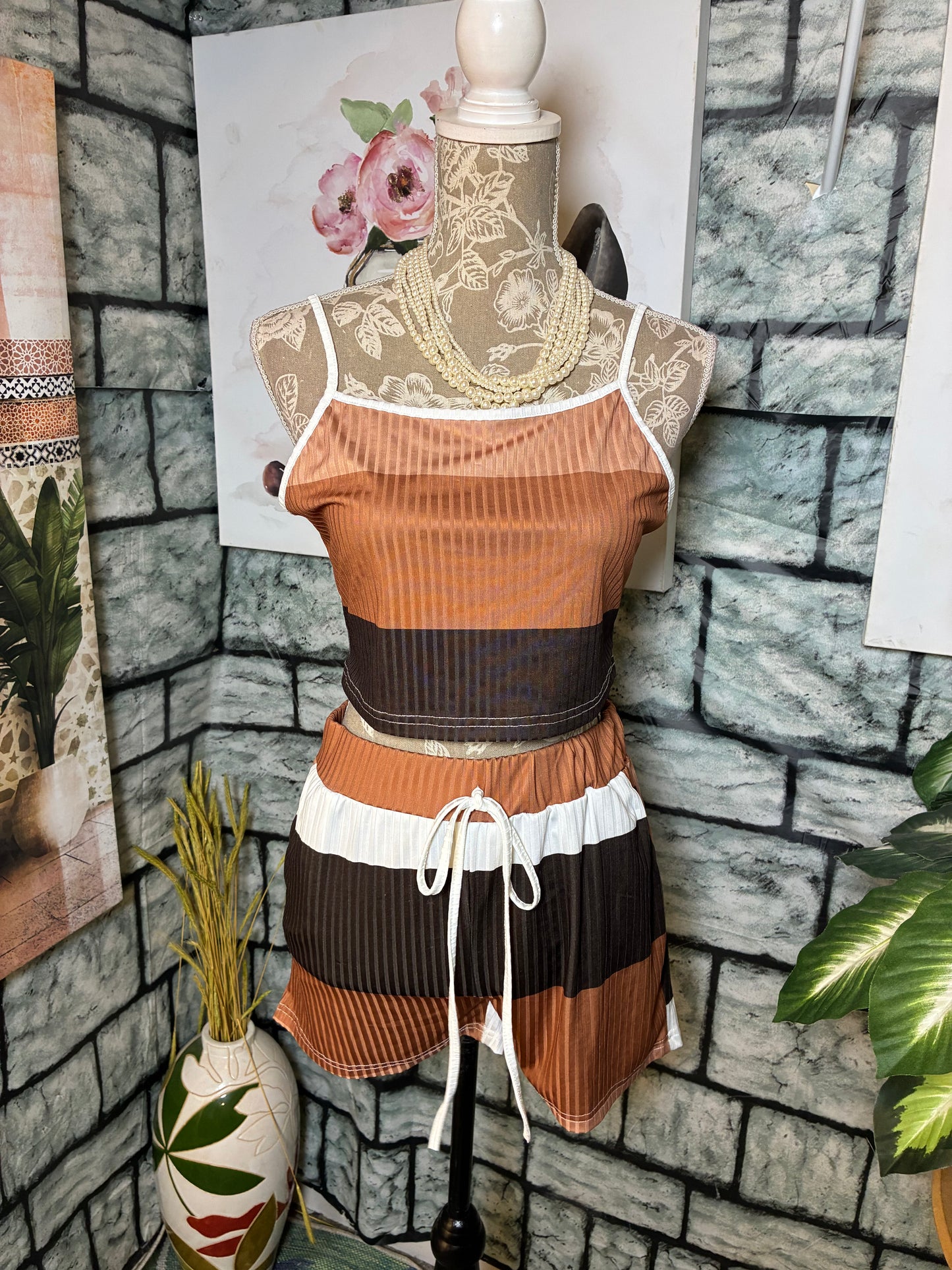 Brown White 2 piece Pants Set Women sz Large