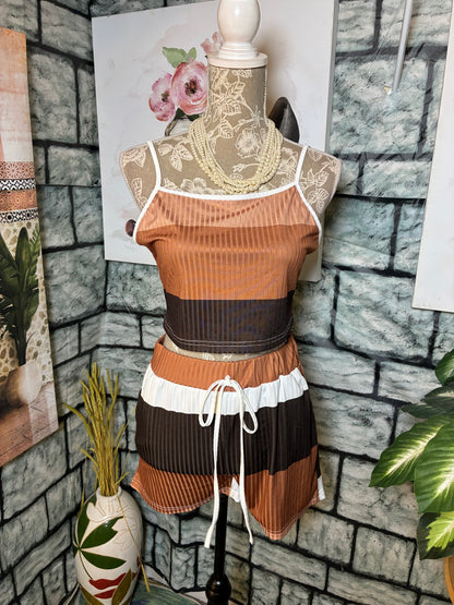 Brown White 2 piece Pants Set Women sz Large