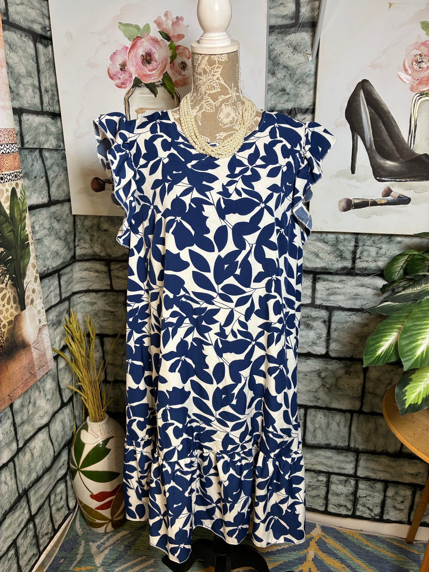 Shein Blue Beige Floral Dress Women sz 1XL