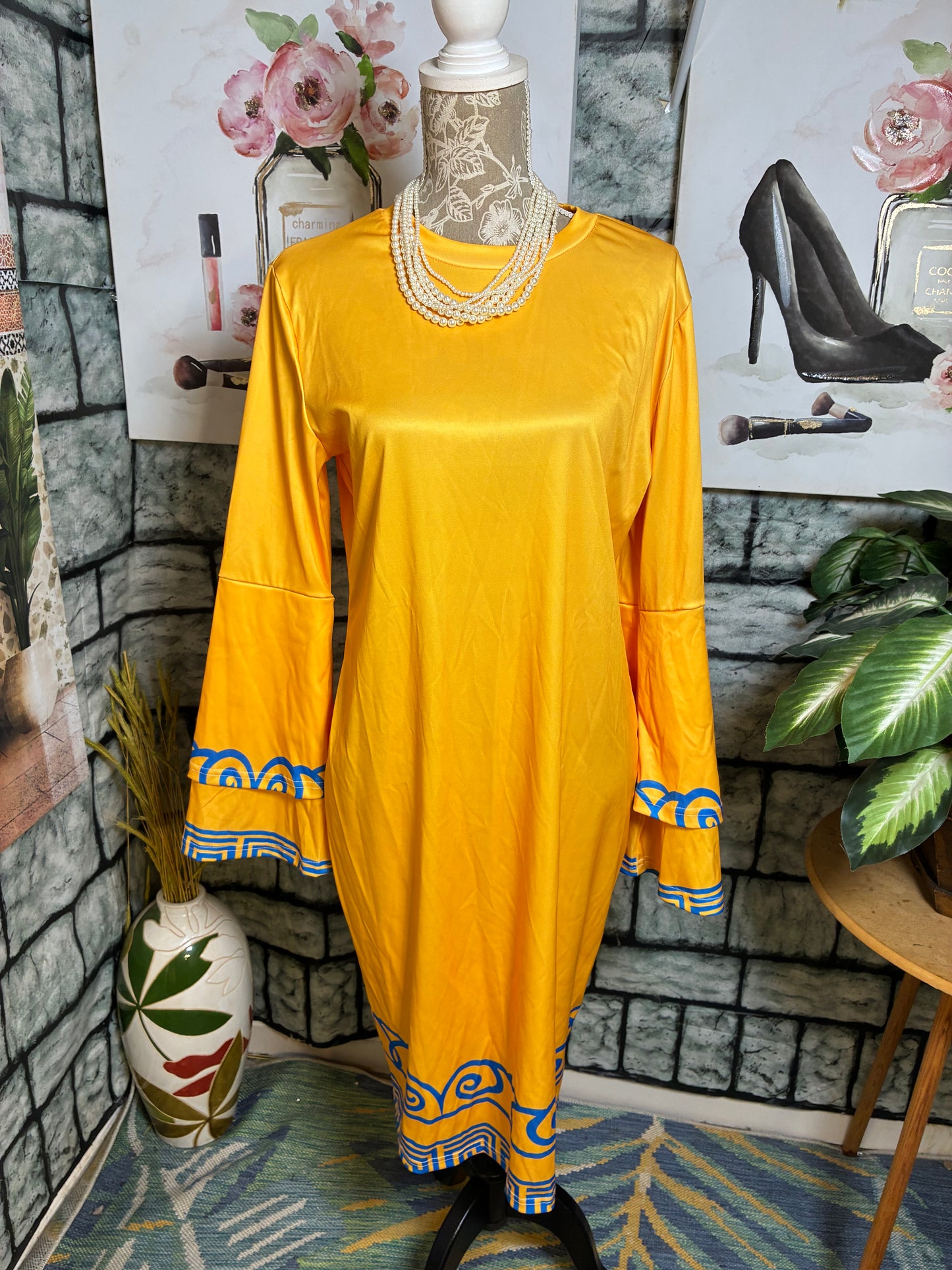 Yellow Blue Dress Women sz 2XL (BEST fit 1XL)