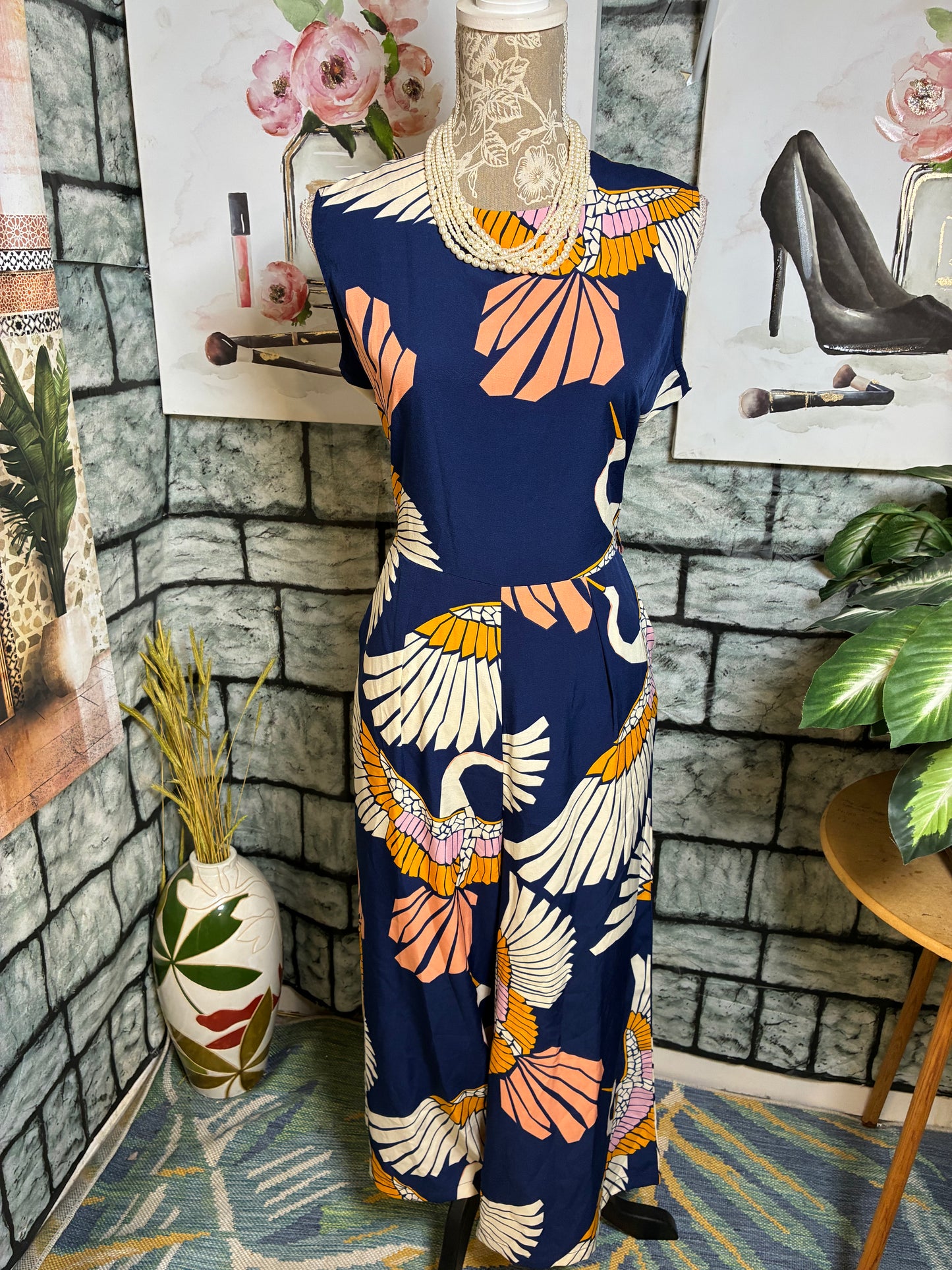 Blue Beige Print Jumpsuit Women sz Large