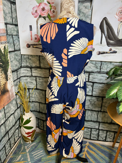Blue Beige Print Jumpsuit Women sz Large