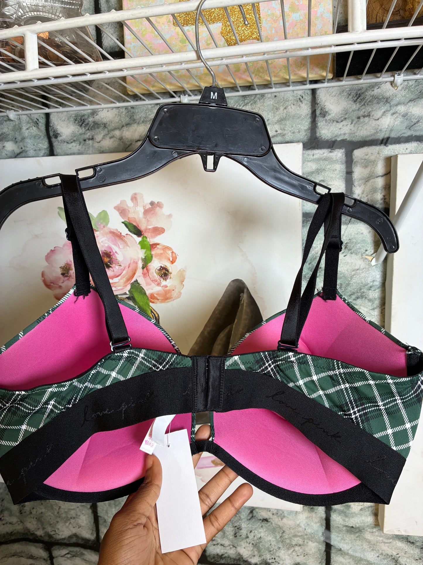 PINK Green Black Bra Women sz 38DD