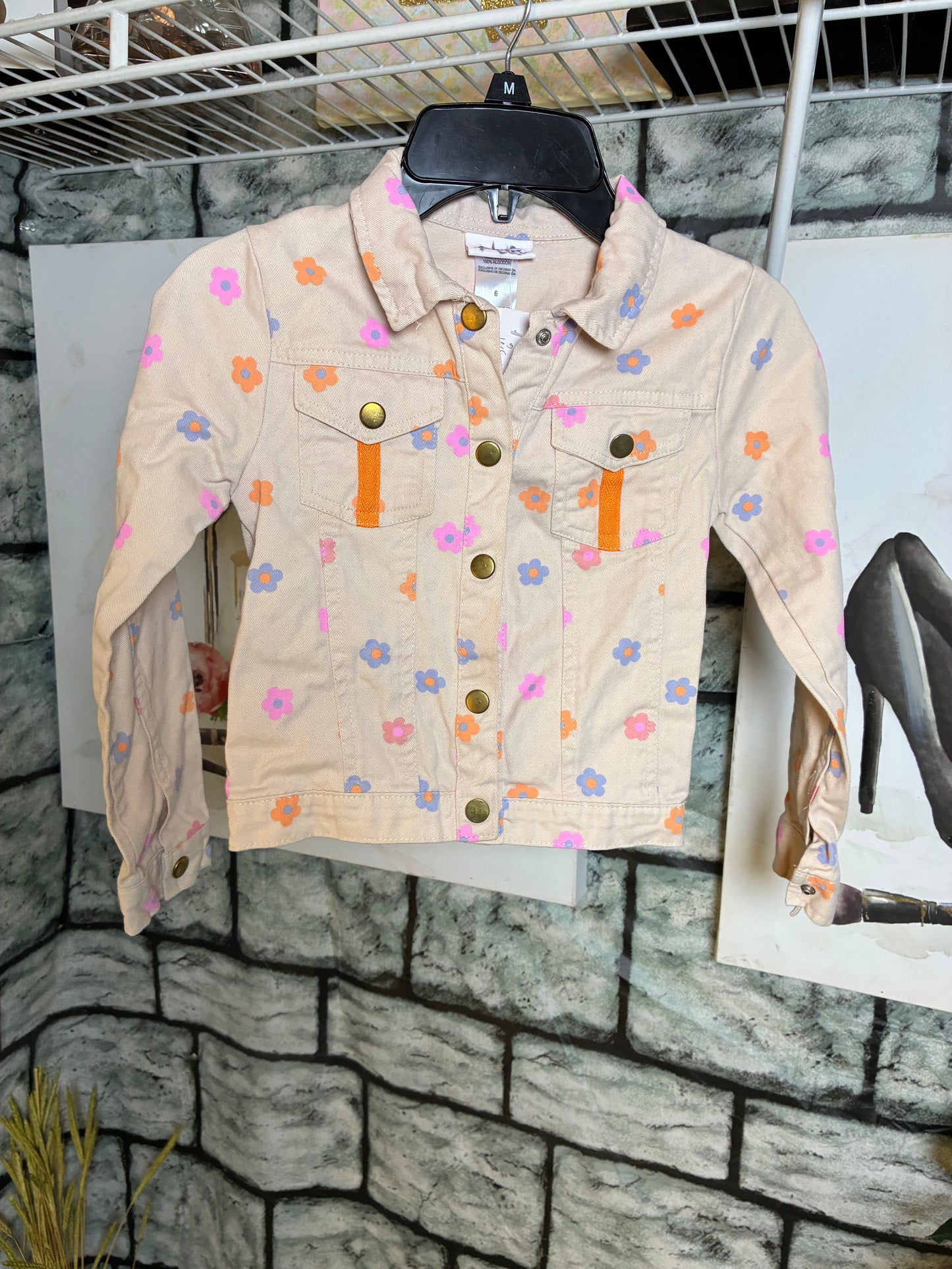 Little Lass Tan Floral Denim Jacket Girls sz 6