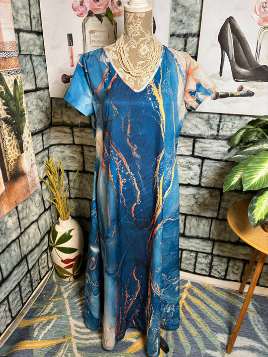 Blue Gold Print Dress Women sz Large