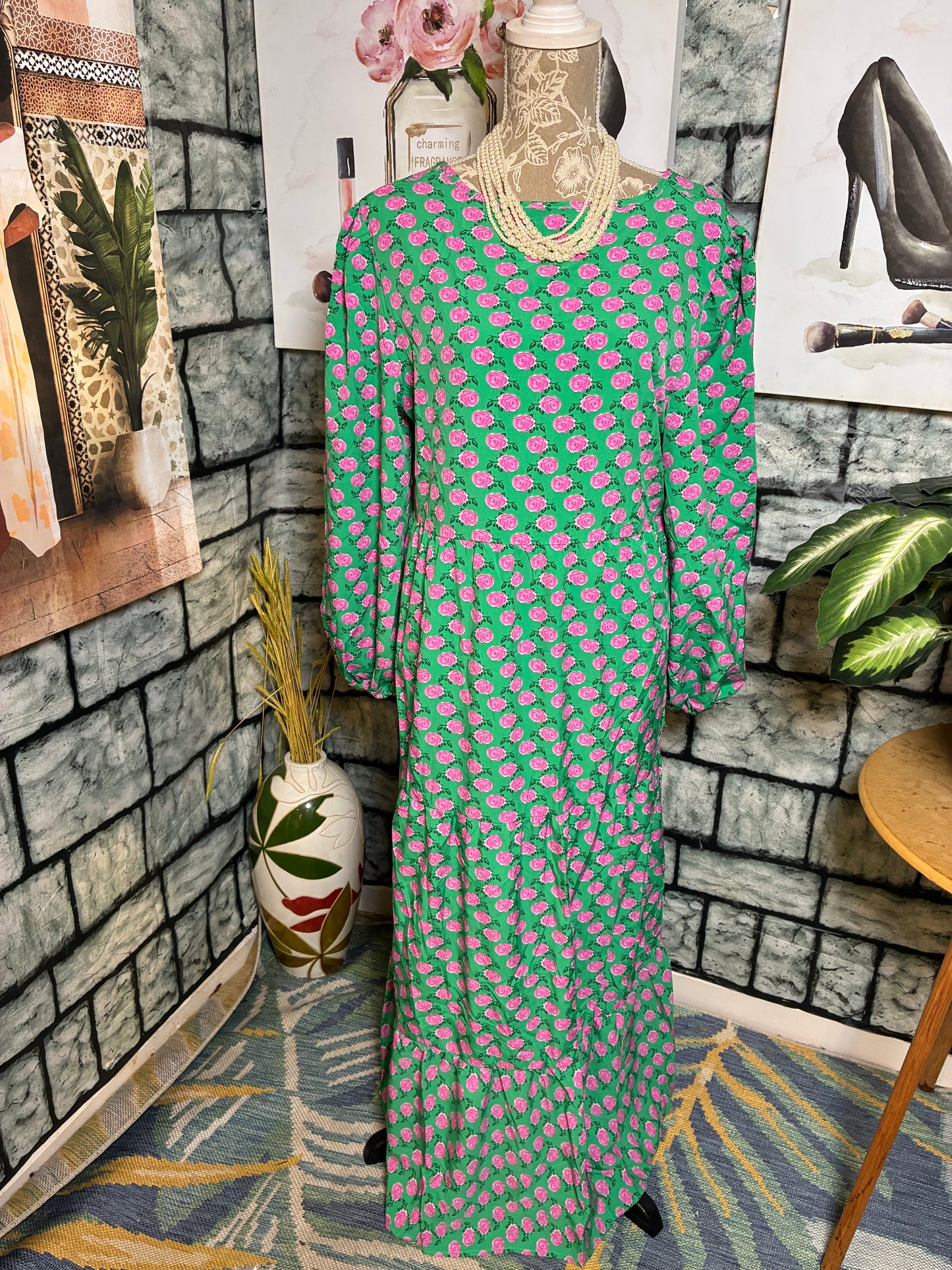 Green Pink Floral Dress Women sz XL