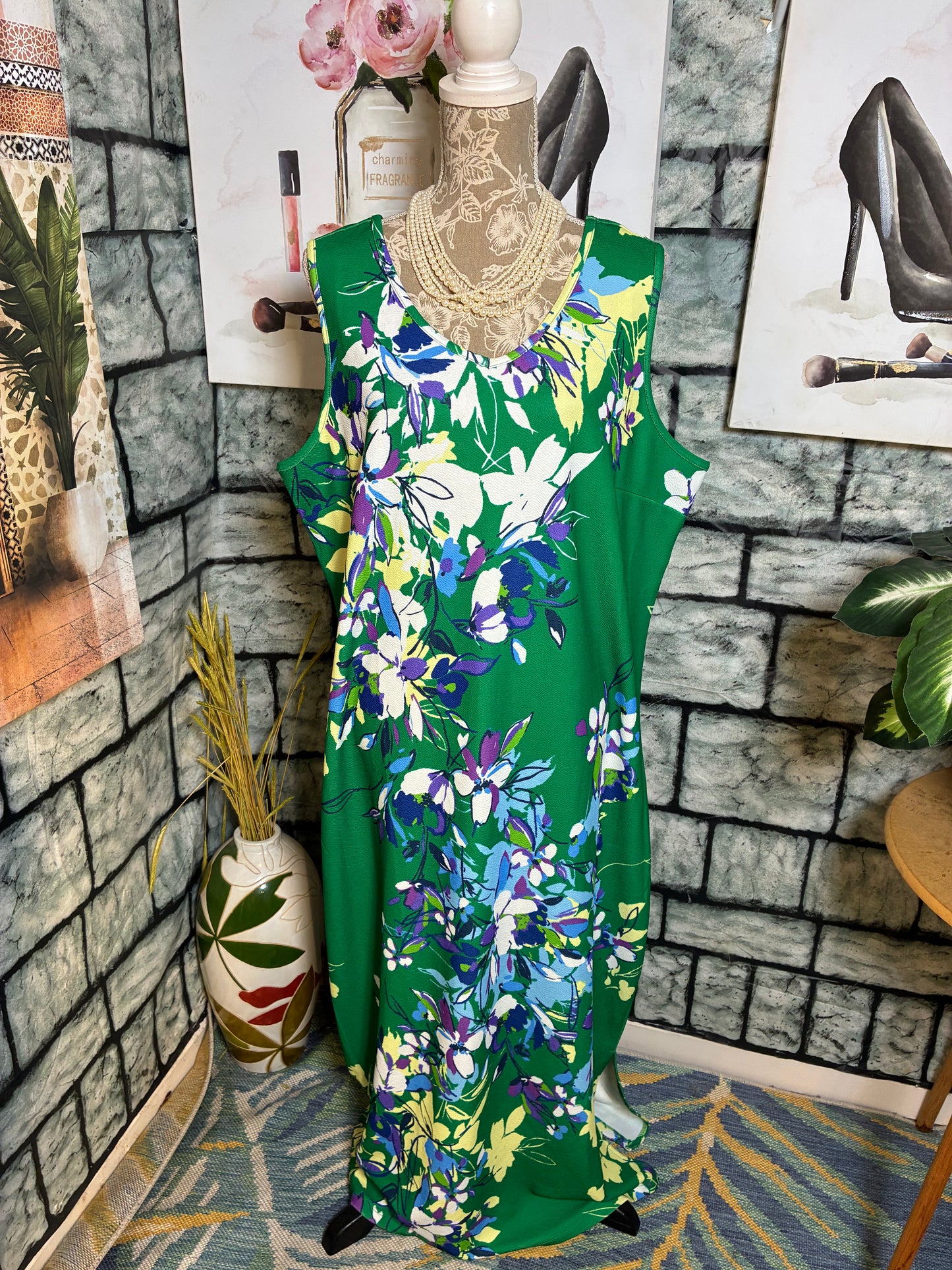 Midnight Velvet Green Floral Dress Women sz 1XL