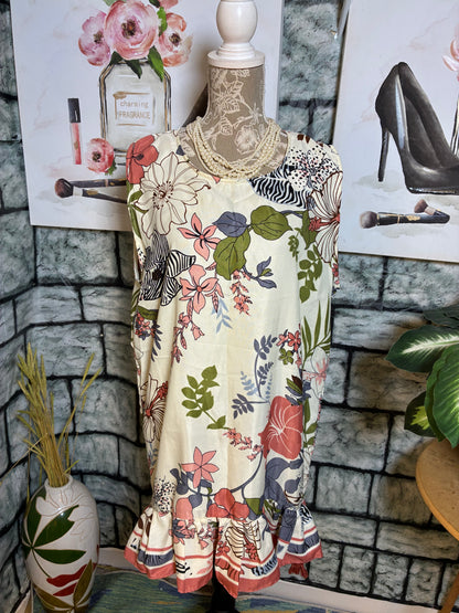 White Peach Floral Dress Women sz Large