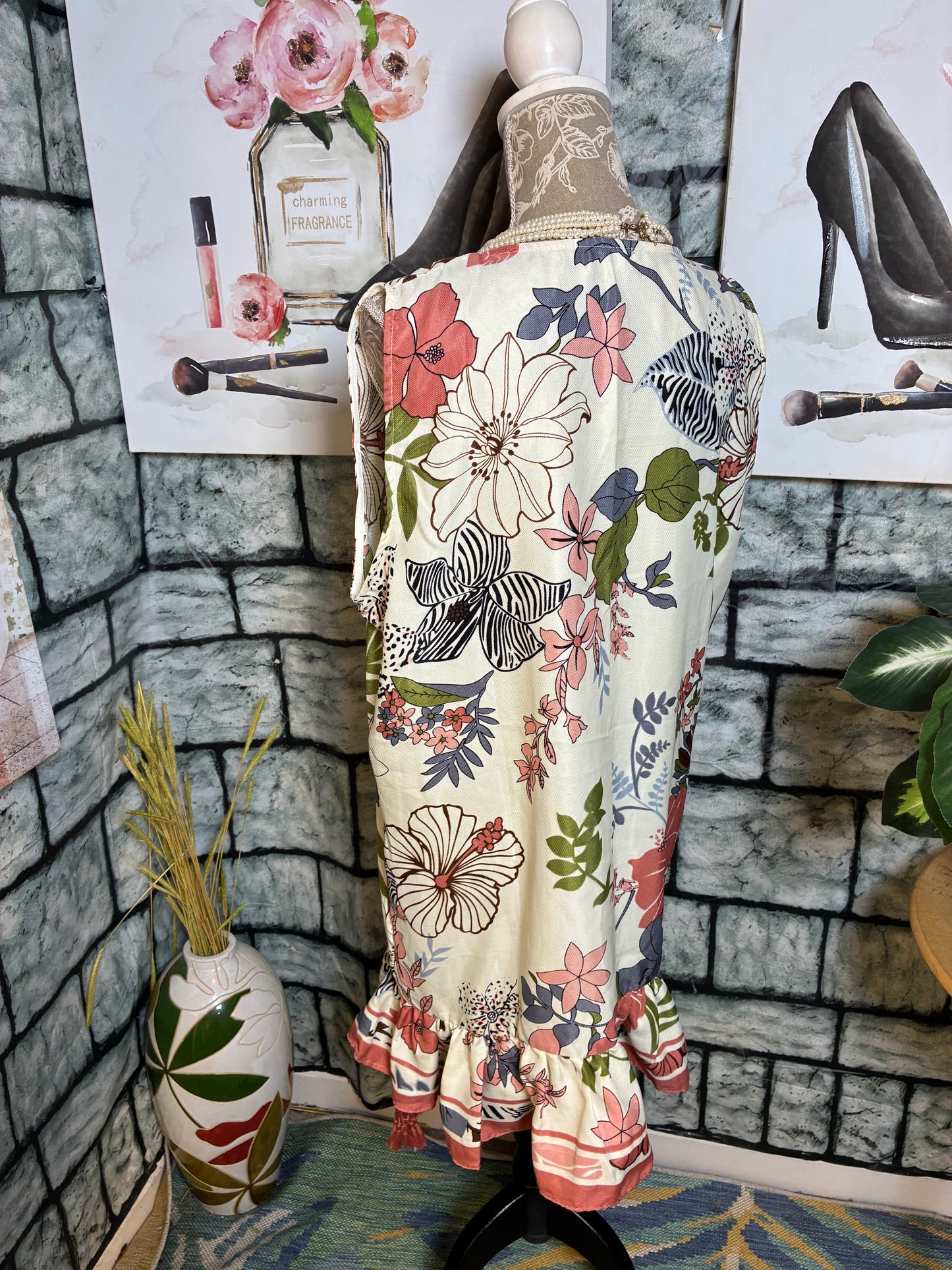 White Peach Floral Dress Women sz Large