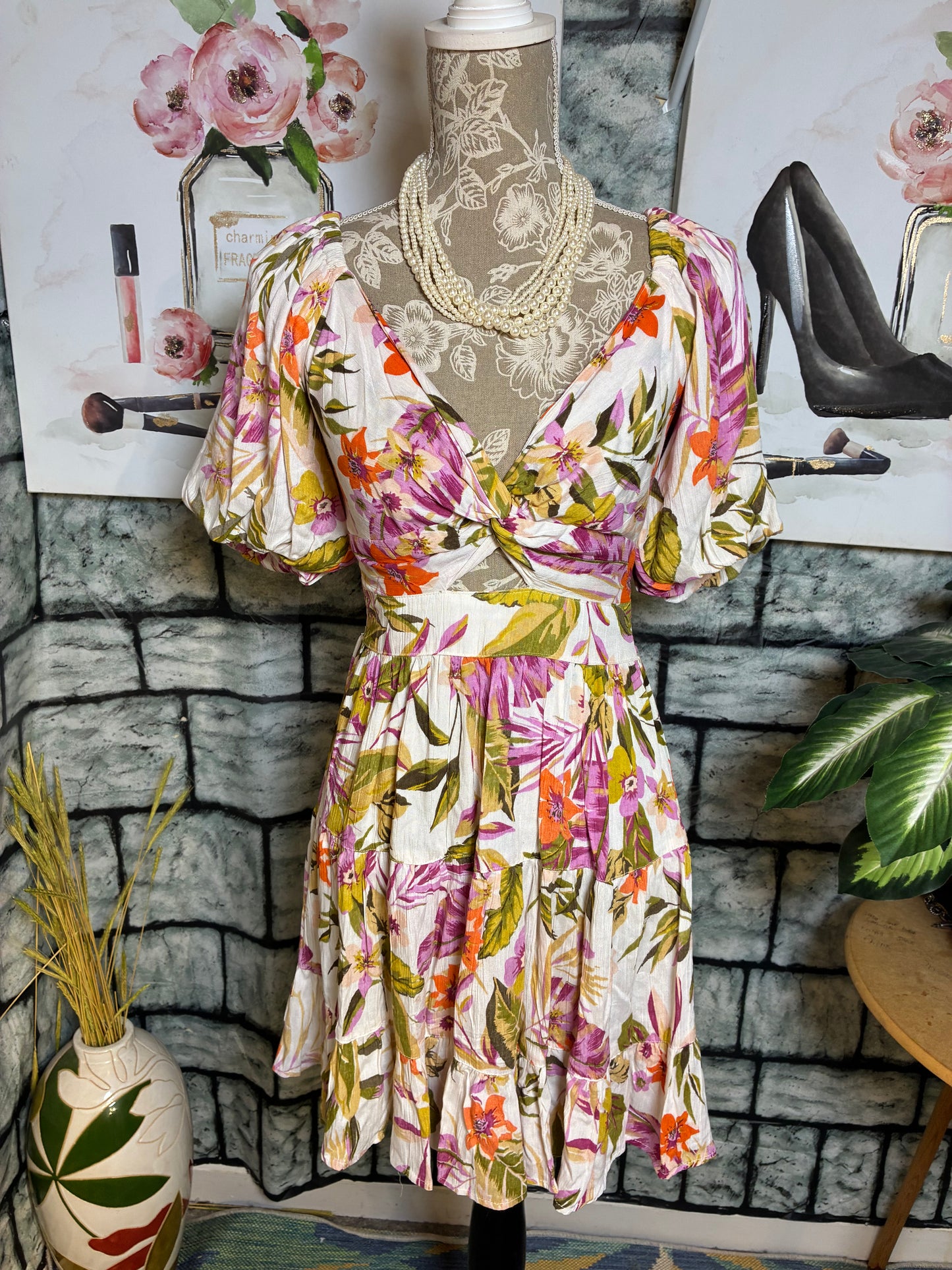 Angie White Floral Dress Women sz Small
