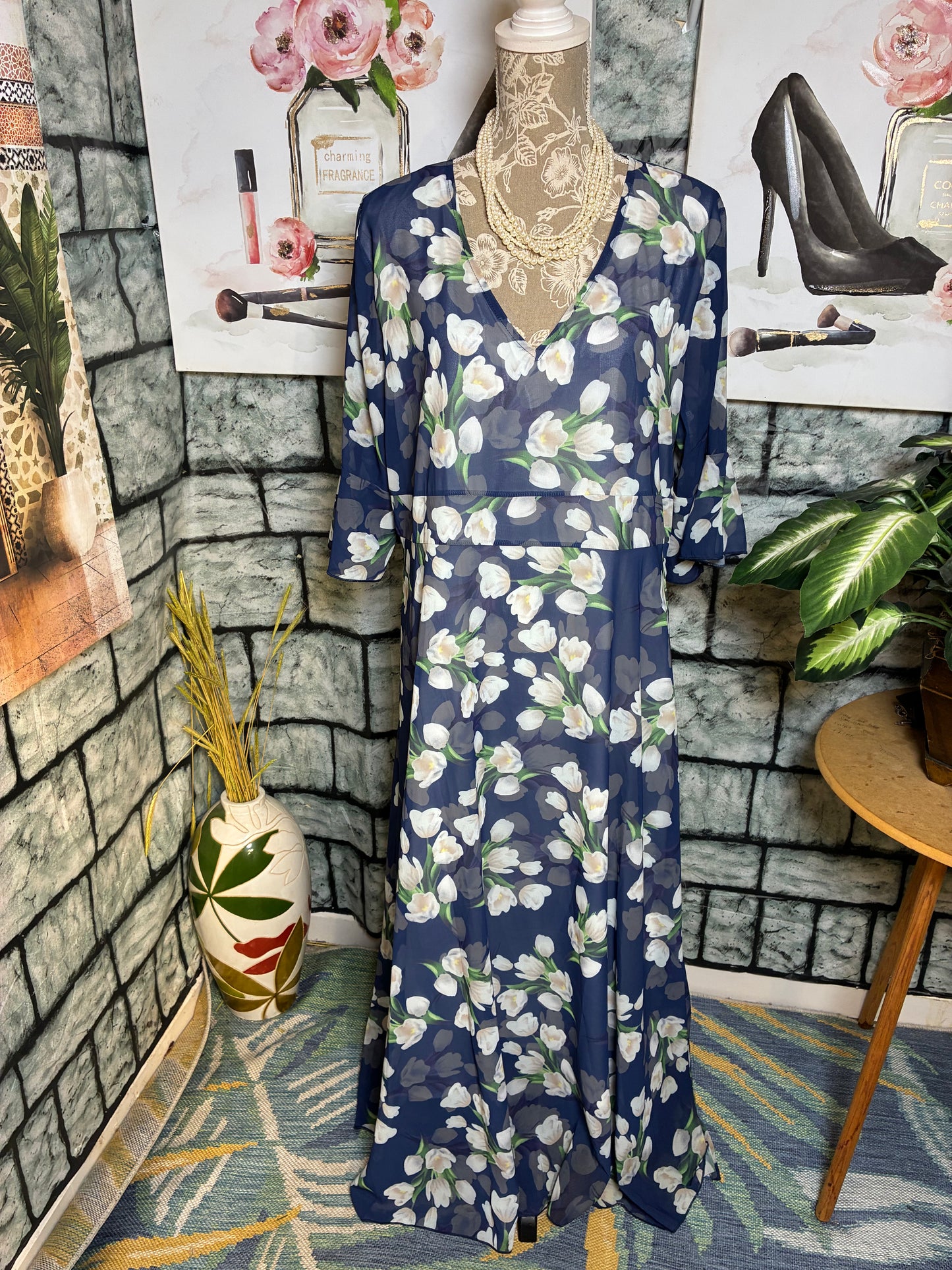NEW Blue Floral Dress Women sz 2XL (Best fits XL)