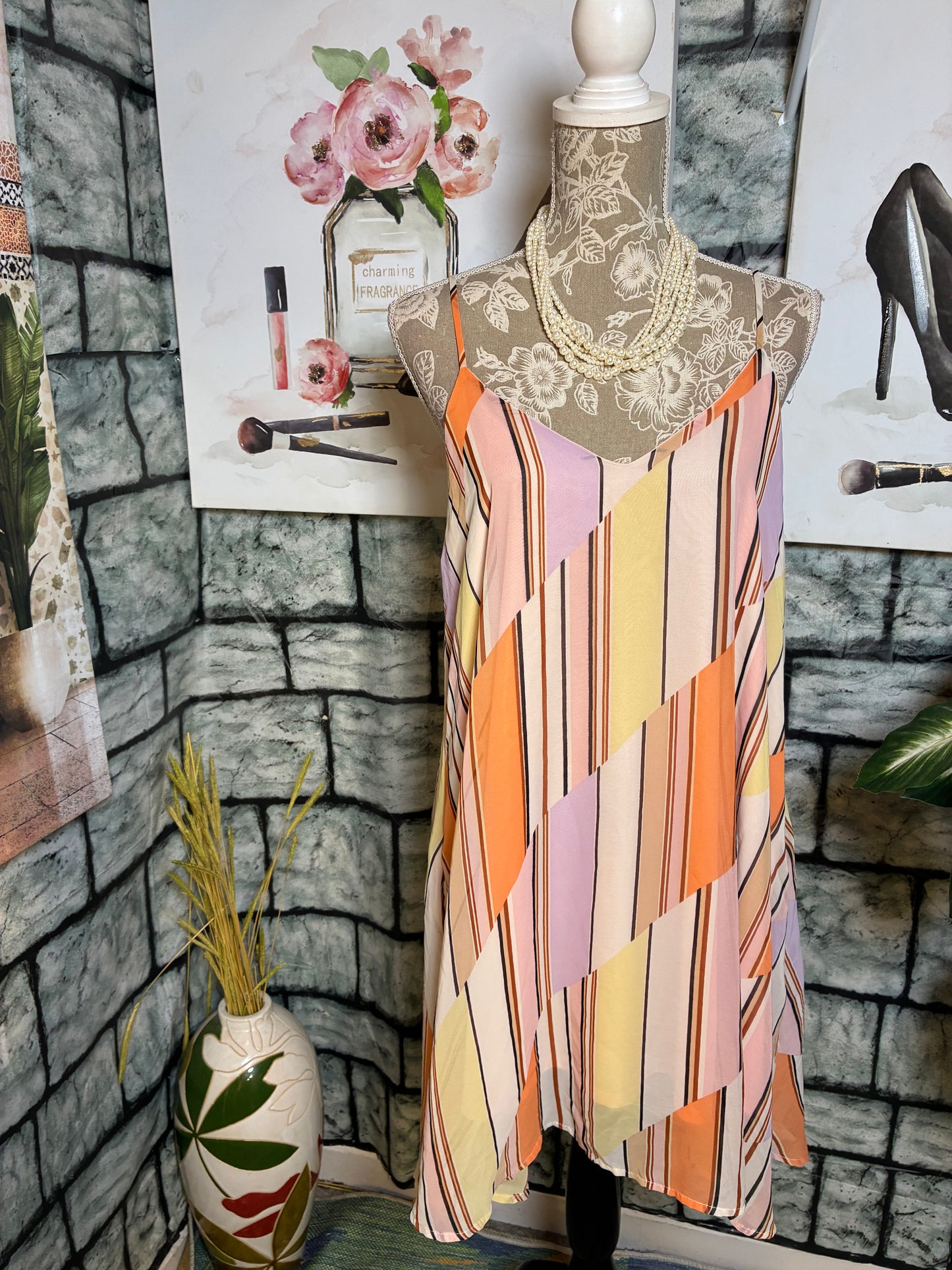 Peach Love Pink Orange Print Dress Women sz Large
