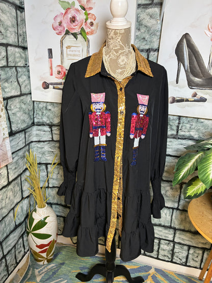Black Gold Print Button Blouse / Dress Women sz 3XL (best fit XL)