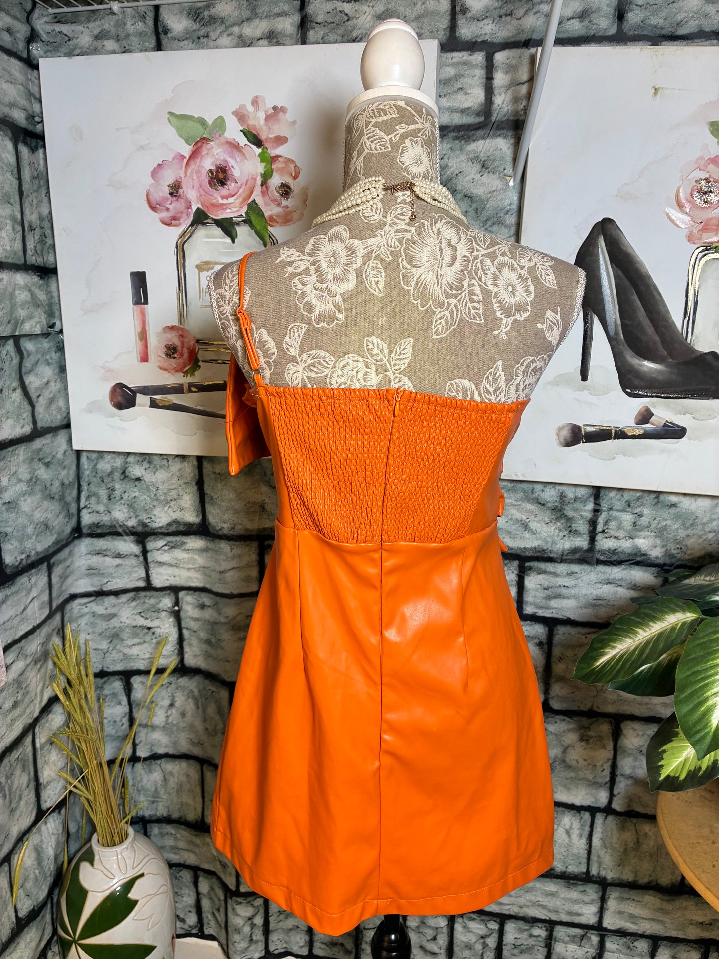 Glam Orange Faux Leather Dress Women sz Large