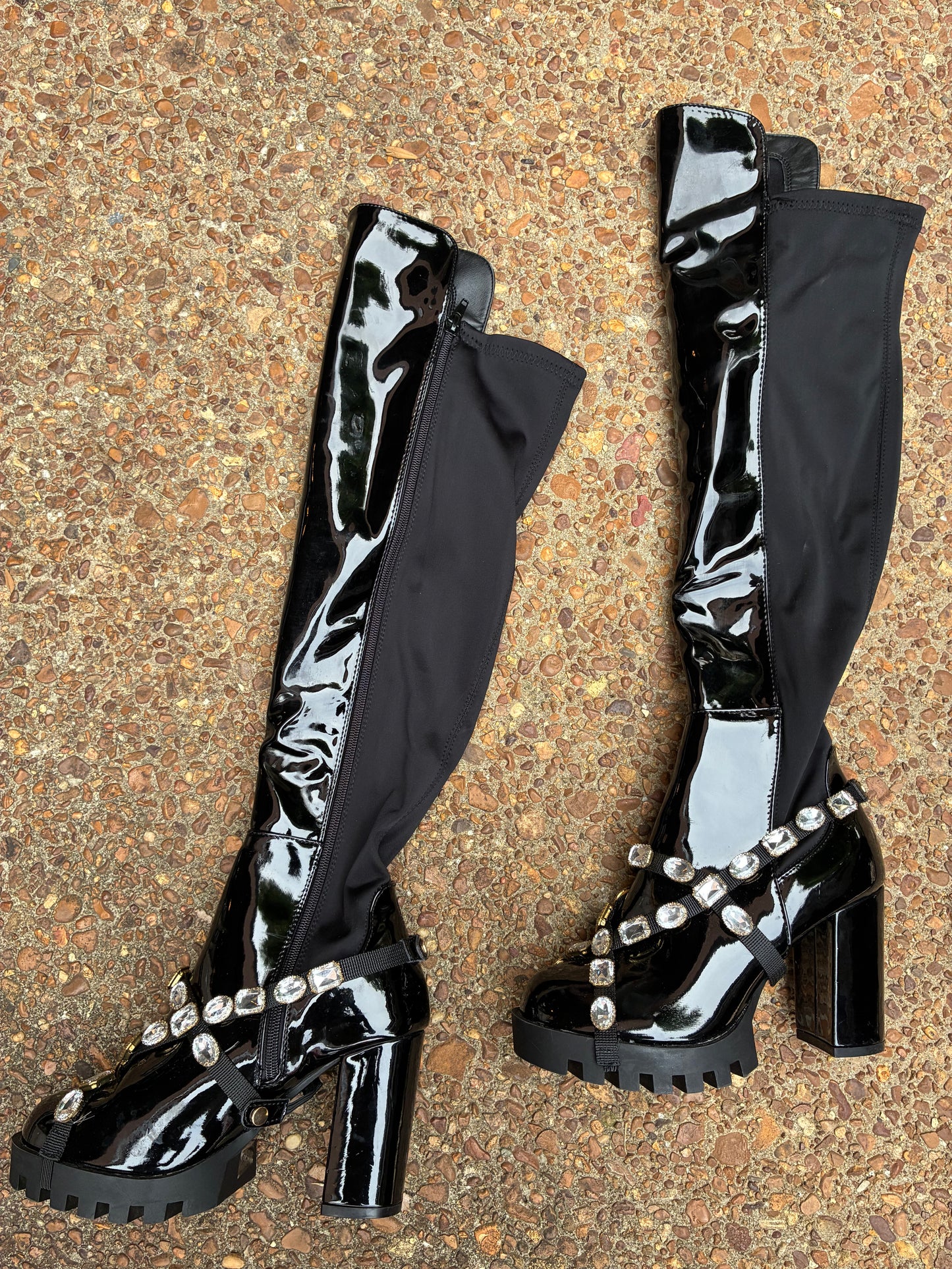 Fashion Nova Black Rhinestone Tall Boots Women sz 6.5