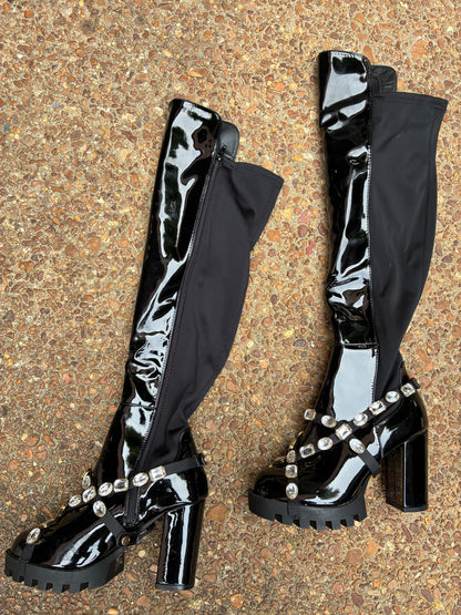 Fashion Nova Black Rhinestone Tall Boots Women sz 6.5