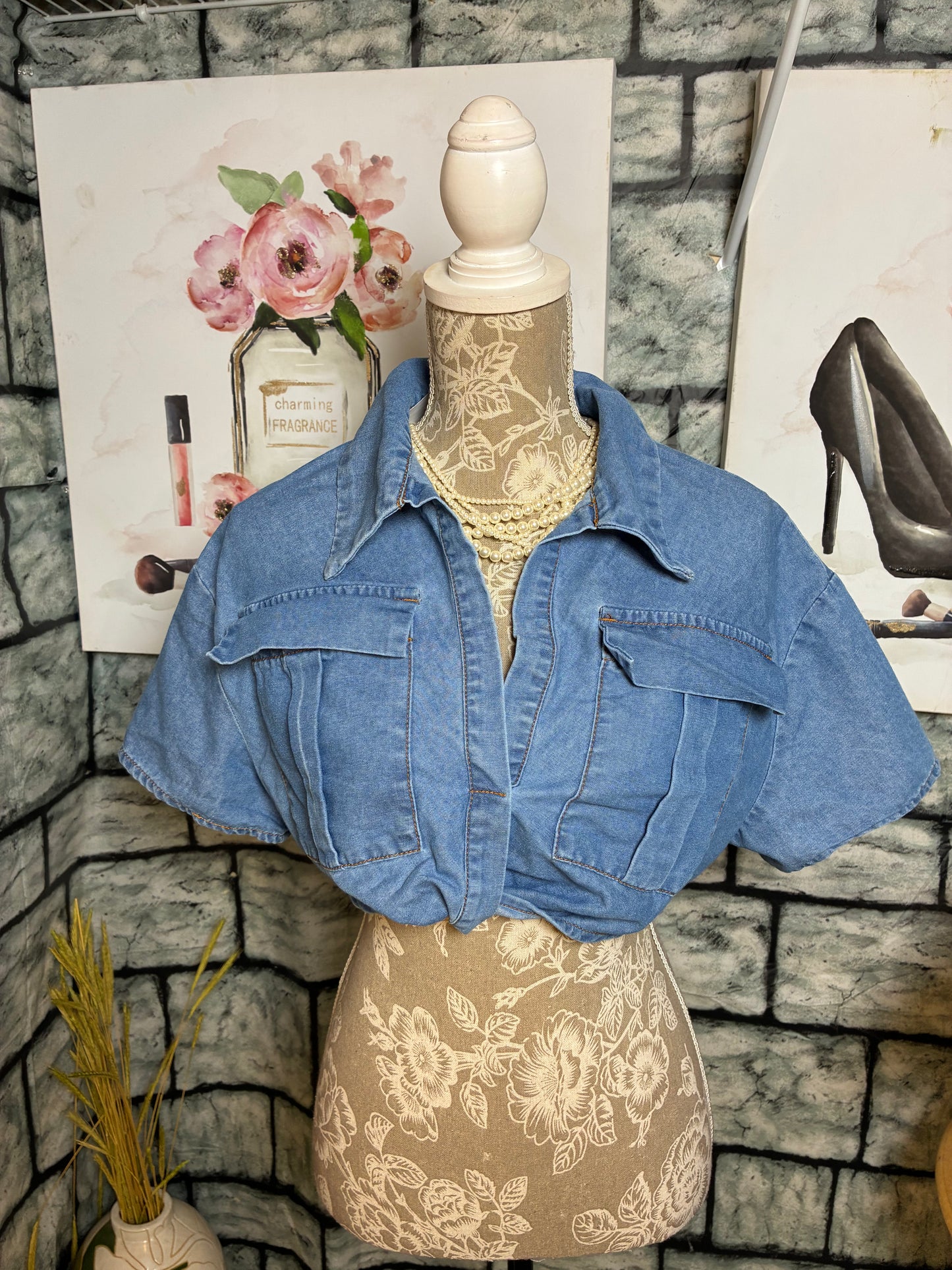 Shein Blue Denim Blouse Women sz Medium