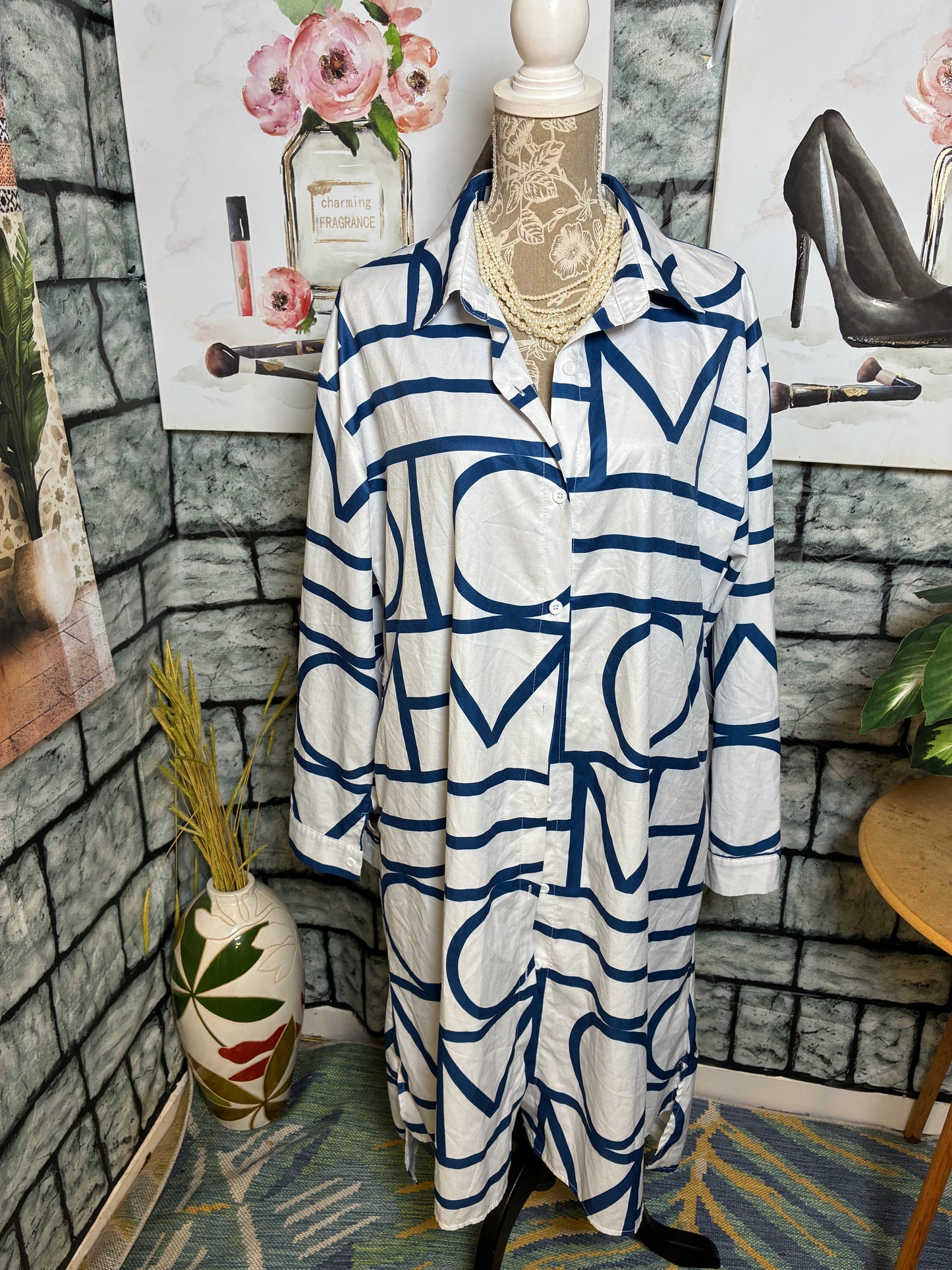Blue White Print Button Dress Women sz 2XL (Best fits XL)