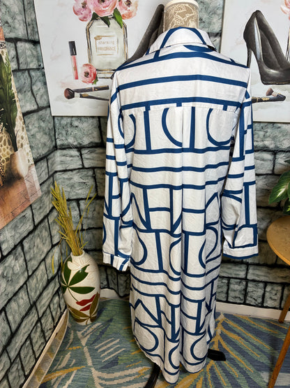 Blue White Print Button Dress Women sz 2XL (Best fits XL)