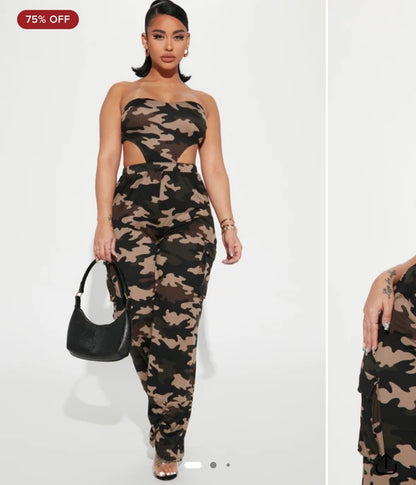 NEW Fashion Nova Camo Green Jumpsuit Women sz Large
