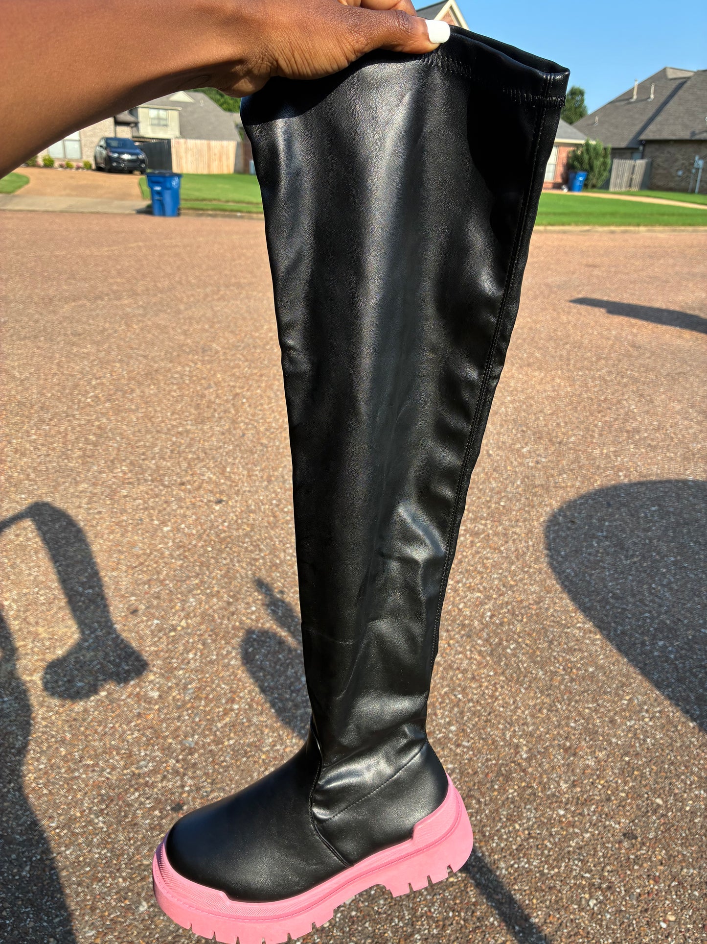 NEW Fashion Nova Black Pink Tall Boots Women sz 8.5