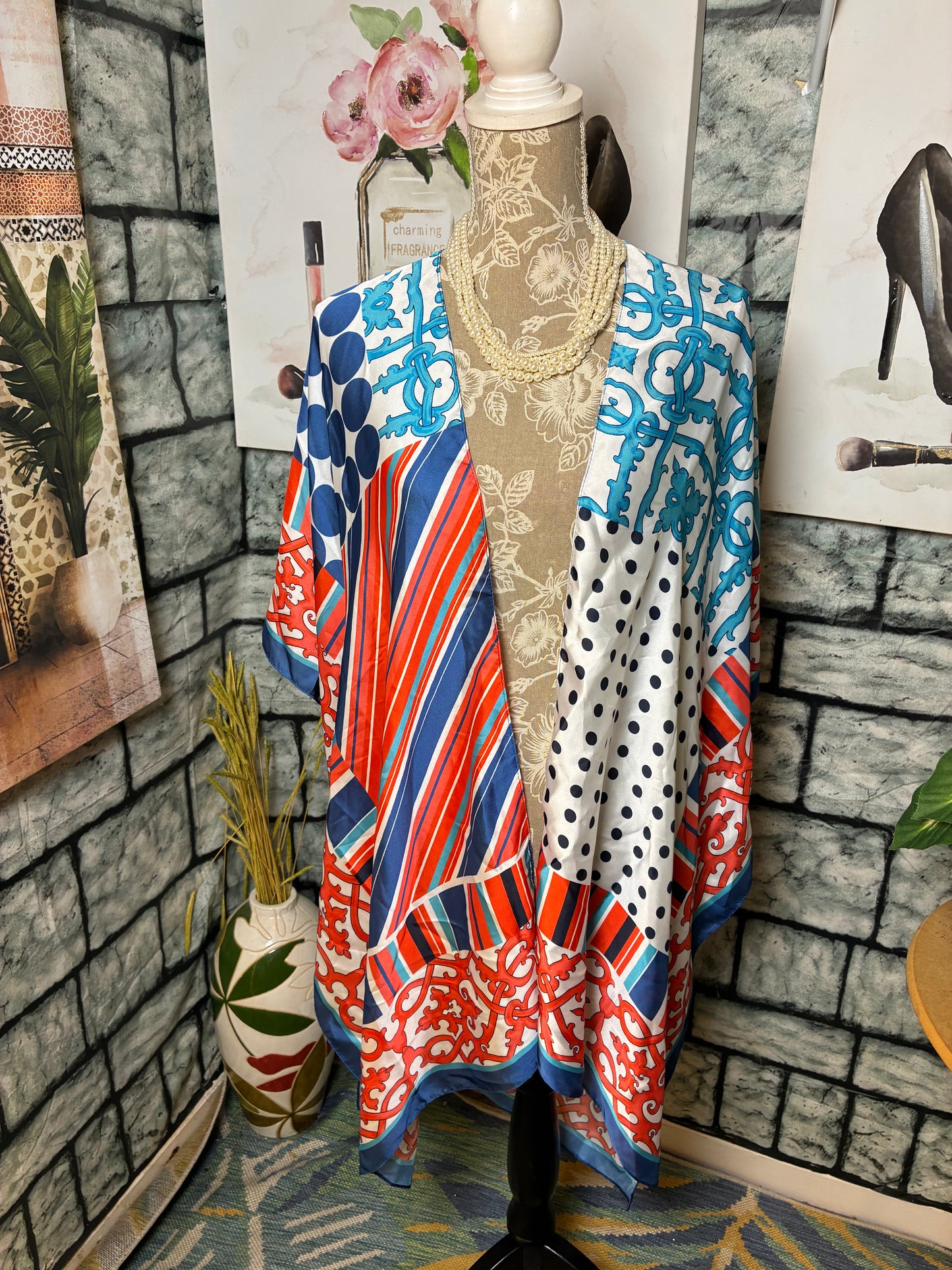 Cato Red Blue White Print Cover Duster Women sz One Size