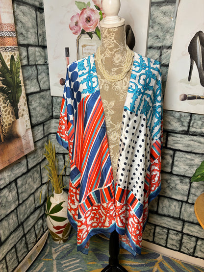 Cato Red Blue White Print Cover Duster Women sz One Size