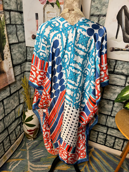 Cato Red Blue White Print Cover Duster Women sz One Size