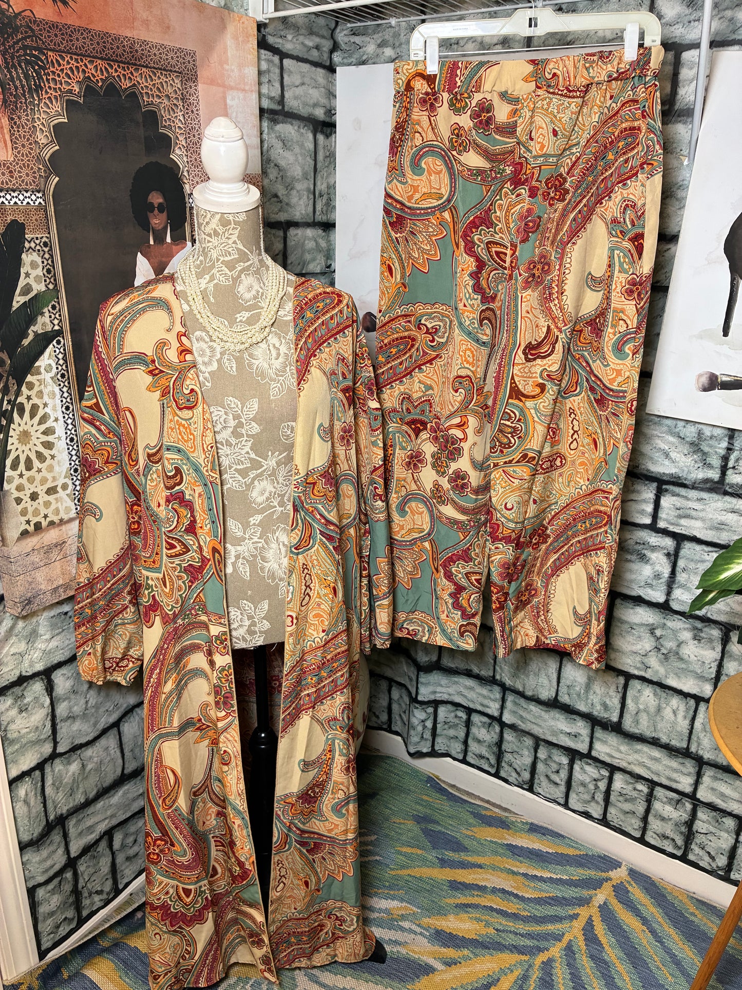 Tan Blue Print Pants Set Women sz XL