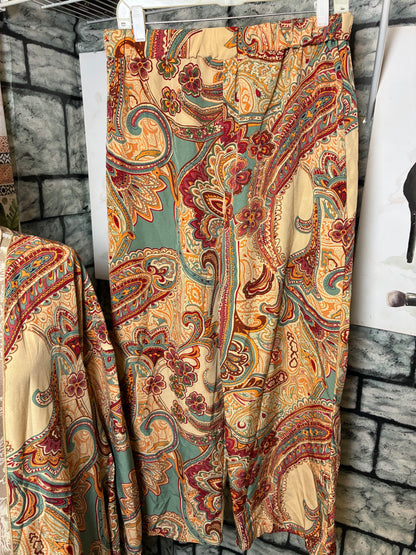 Tan Blue Print Pants Set Women sz XL