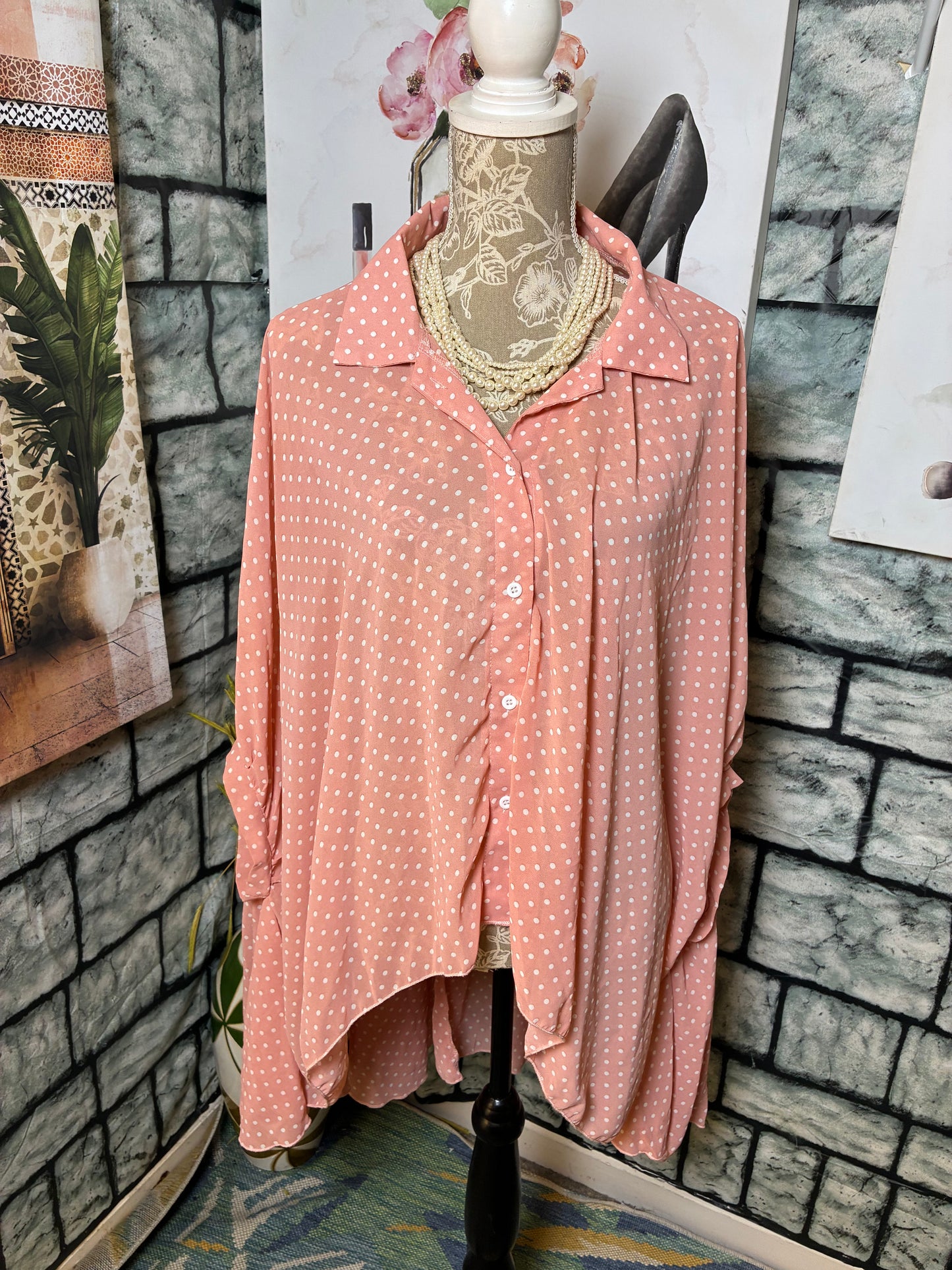 Shein Pink White Polka Dot Blouse Women sz 0XL